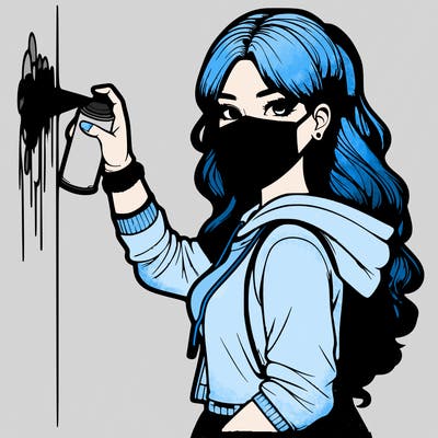 realistic girl with mask spray painting a wall