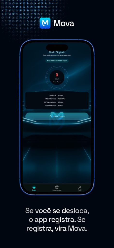 Mova Protocol - Interface do aplicativo Mova Protocol exibindo o painel do modo de condução com velocímetro e rastreamento de compensação de carbono