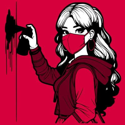 realistic girl with mask spray painting a wall