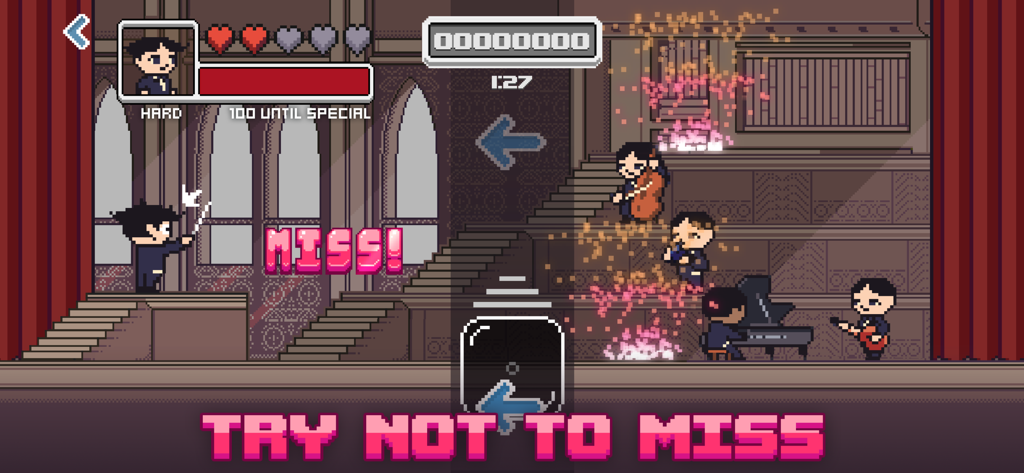 Epic Orchestra - Gameplay of Epic Orchestra showing a maestro conducting a pixel art classical orchestra with swipe controls.