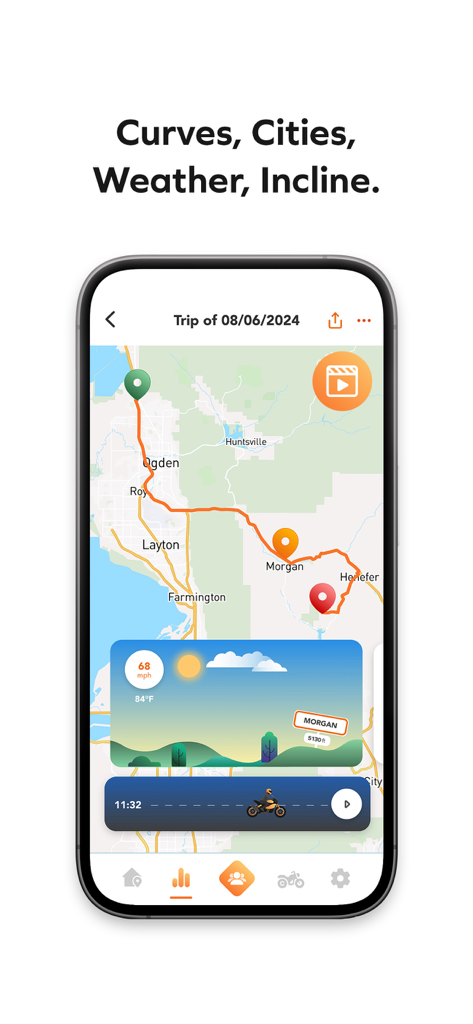 GeoRide - The Motorcycle App. - Interfaccia dell'app GeoRide che mostra un percorso di viaggio in moto su una mappa con dati di velocità, meteo ed elevazione