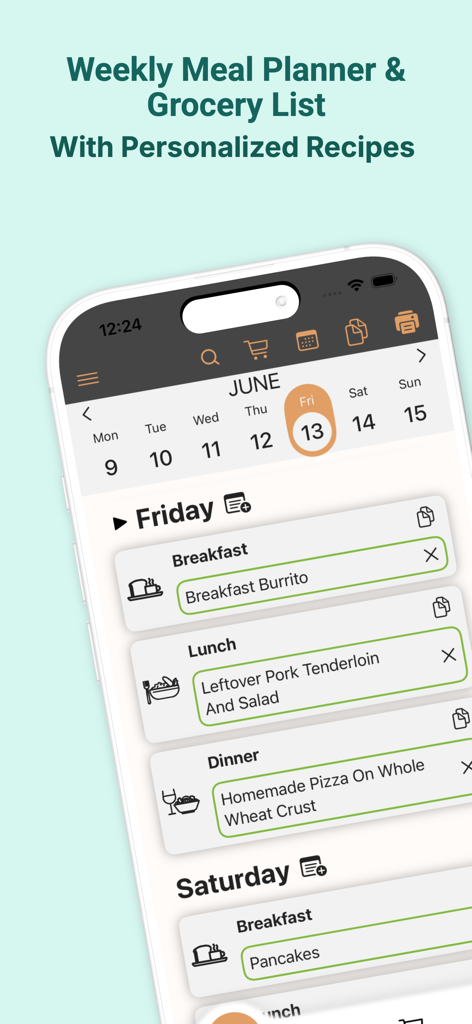 Meal Planner Family - Interface de l'application de planification de repas hebdomadaire montrant les repas du petit-déjeuner, déjeuner et dîner quotidiens