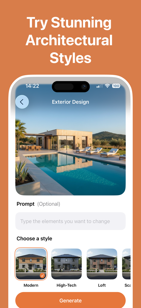AI Exterior Home Design - Mobile app interface for selecting architectural styles for home exterior design