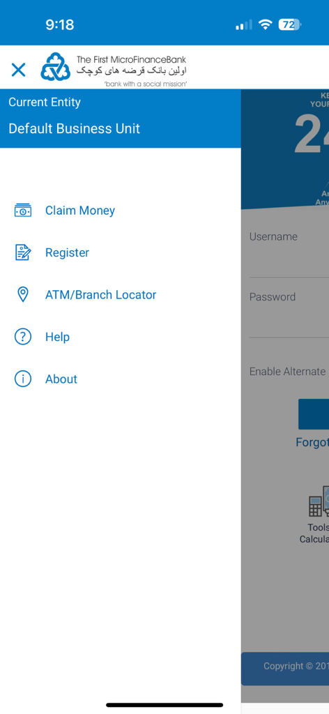 FMFB-A Online Banking - Side menu of the FMFB-A Online Banking app displaying options for claiming money, registering, and locating branches.