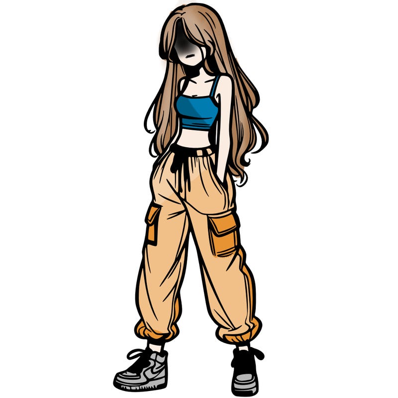 girl in baggy pants crop top and long hair