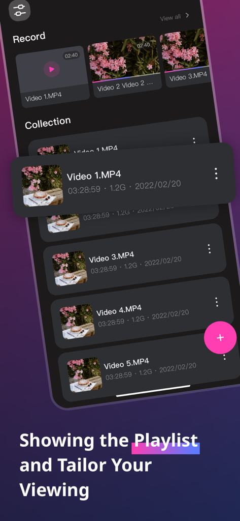 Verto App-Bildschirm, der eine organisierte Videowiedergabeliste und Dateiverwaltung anzeigt