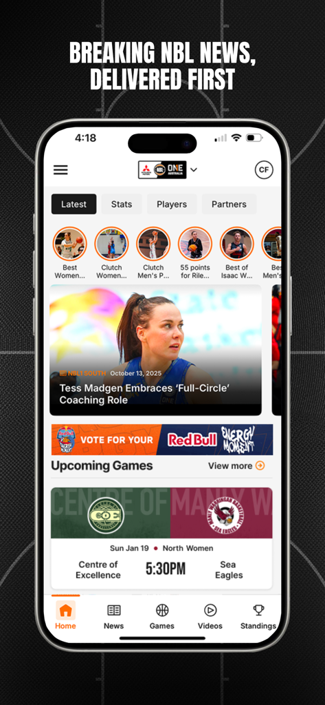 NBL1 - NBL1 basketball app home screen featuring breaking news and upcoming game fixtures
