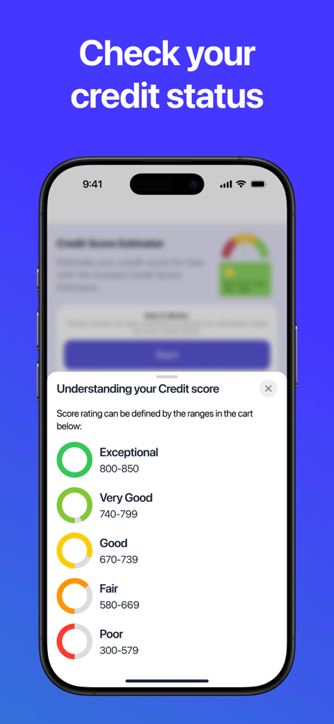Credit Score Monitoring - An iPhone screen displaying credit score categories from poor to exceptional with their corresponding numerical point ranges.