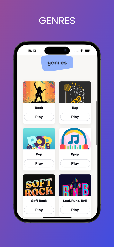 Bildschirm der Songless Musikratespiel-App mit einer Auswahl von Musikgenres wie Rock, Rap, Pop und K-Pop
