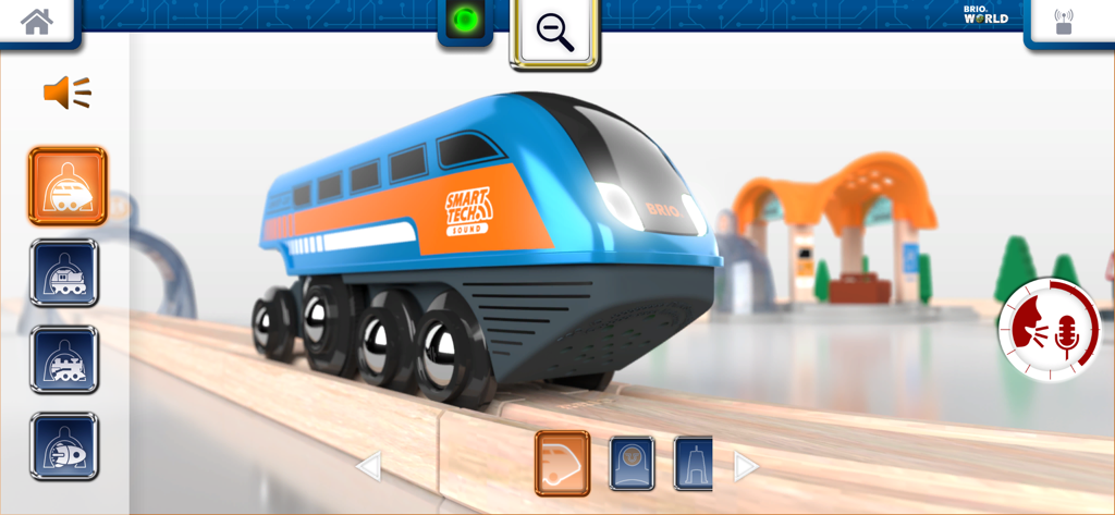 Interface of the BRIO Smart Tech Sound app featuring a blue interactive toy engine on a wooden track