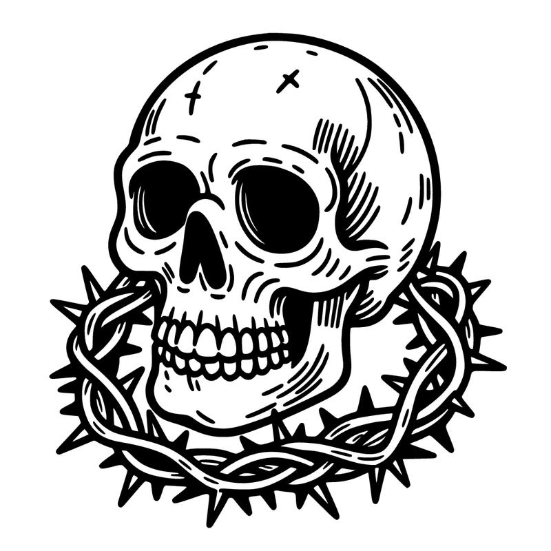 skull with thorns wrapped around it