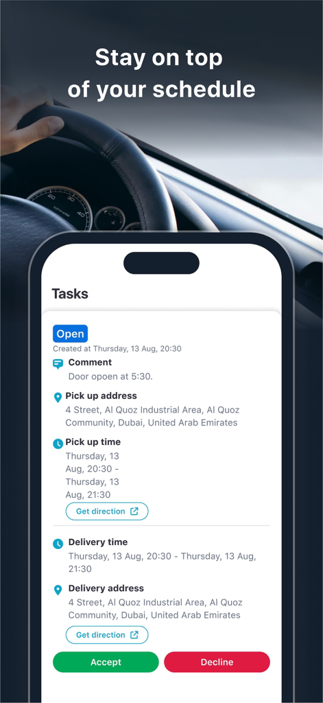 La aplicación GPSWOX que muestra la interfaz de gestión de tareas con detalles de recogida y entrega
