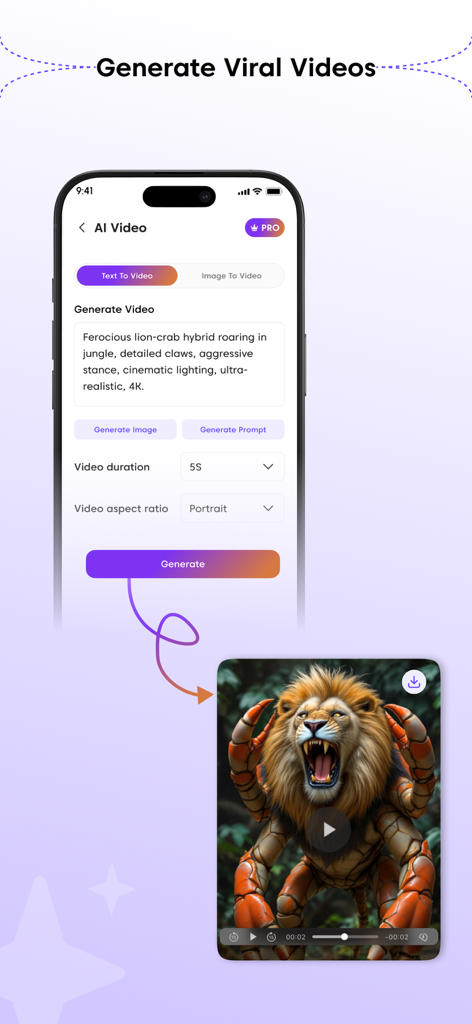 Voops AI:Image & Video Creator - Interfaz de la aplicación móvil Voops AI que muestra la generación de texto a vídeo con un ejemplo de híbrido de cangrejo león.