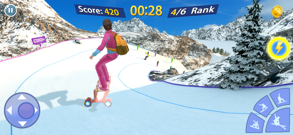 Snowboard Master 3D - Snowboard Master 3D gameplay showing a snowboarder racing down a mountain track with score and rank UI