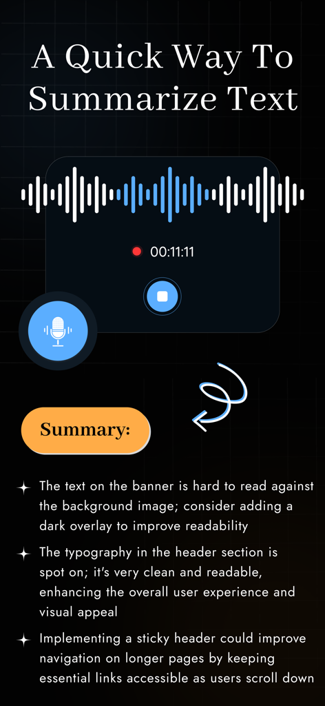 AI Note Taker : Voice Note AI - Bildschirm einer mobilen App, der eine Sprachaufzeichnungs-Oberfläche und von KI generierte Textzusammenfassungspunkte zeigt