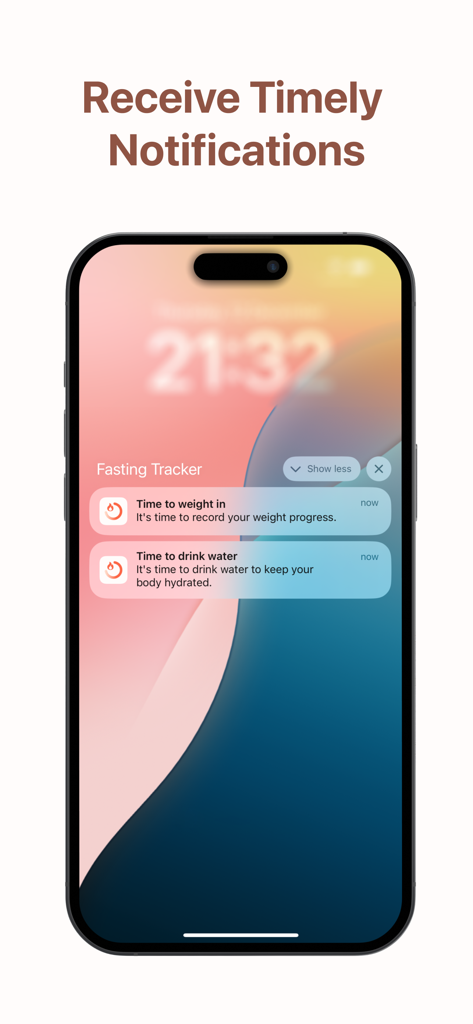 Fasting Timer & Water Tracker - Blocco schermo dell'iPhone che mostra notifiche dell'app per il tracciamento del peso e promemoria per l'assunzione di acqua