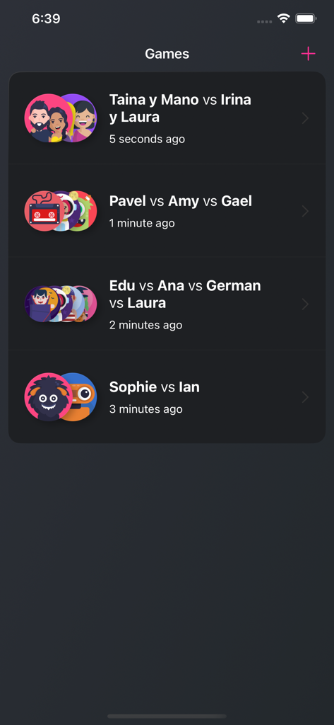 Dominotes - List of active and past domino games with player names and timestamps in the Dominotes app