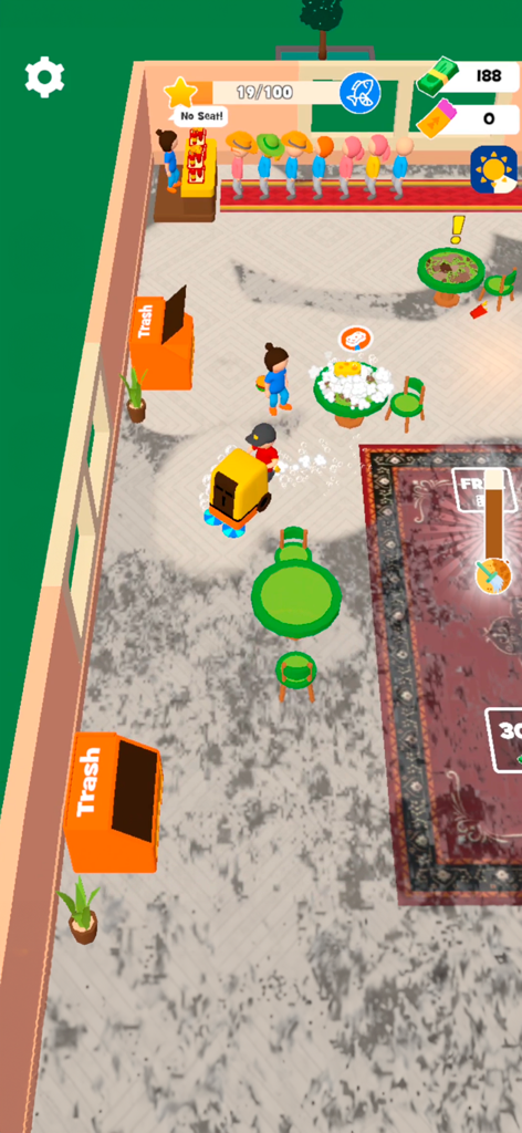 Clean It: Cleaning Games - A character cleaning a dirty restaurant floor with a scrubber machine