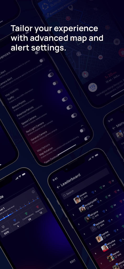 MyPatrol mobile app screens showing advanced map alert settings and the community leaderboard