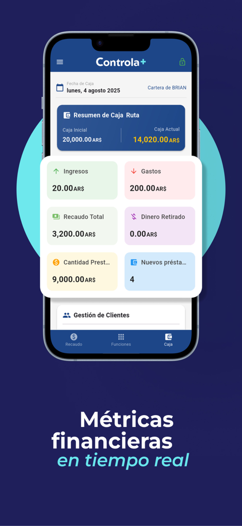 Controla+ - Pantalla de la aplicación móvil Controla+ que muestra métricas financieras en tiempo real y resumen del flujo de efectivo del negocio en español