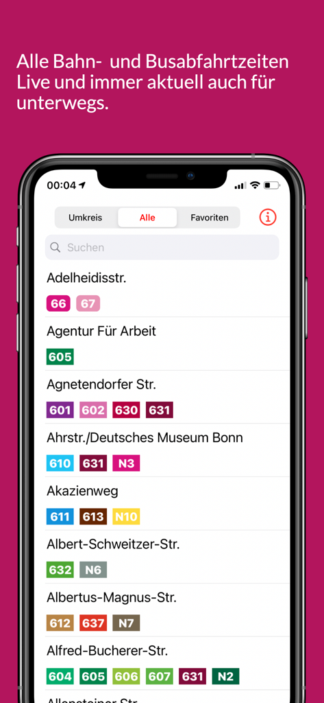 Una lista de paradas de autobús y tren locales en Bonn con números de línea en vivo en la pantalla de un smartphone