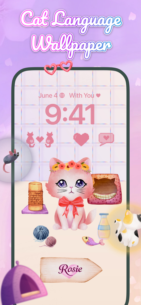 Flower Language: DIY Wallpaper - Um papel de parede personalizado de linguagem de gatos DIY com um gatinho rosa fofo com uma coroa floral e o nome Rosie em uma tela de bloqueio de iPhone