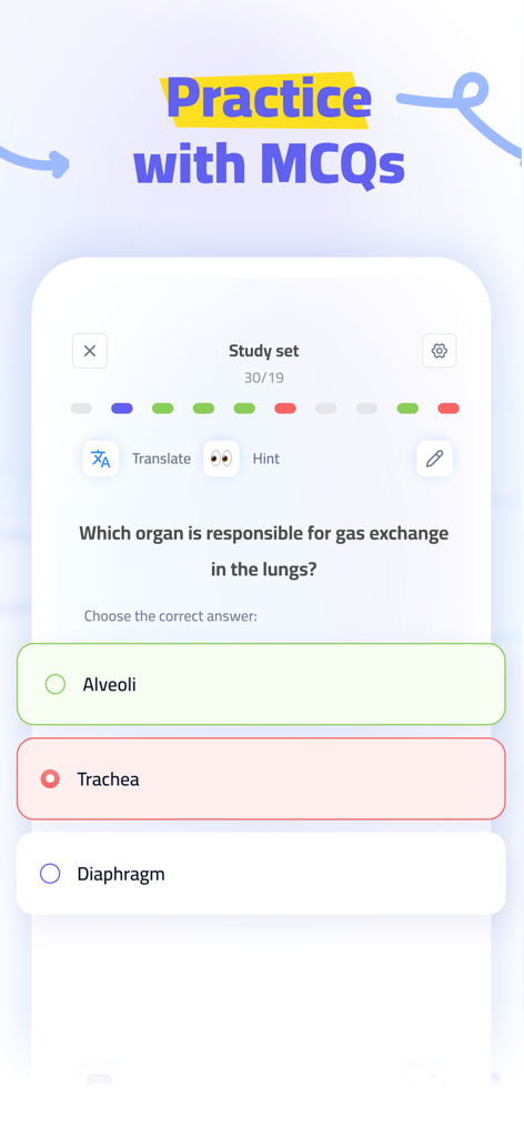 Bites: AI-Powered Studying! - Interfaz de la aplicación Bites que muestra un cuestionario de opción múltiple de biología sobre la anatomía pulmonar con retroalimentación en color para respuestas correctas e incorrectas