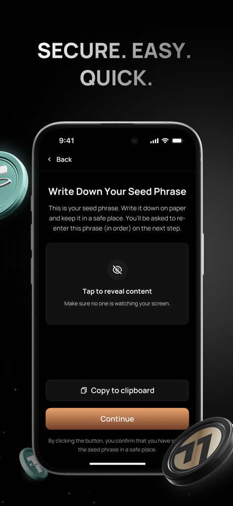 FG Walletアプリの安全なシードフレーズバックアップ画面