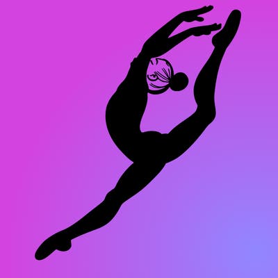 gymnast doing a leap in a leotard with a bent back leg