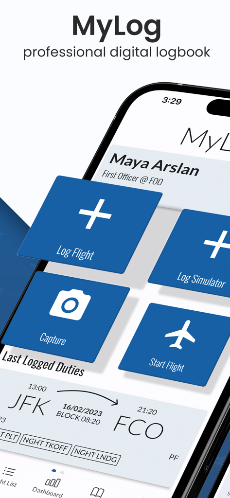 MyLog | Digital Pilot Logbook - MyLogデジタルパイロットログブックアプリのダッシュボード。フライト記録オプションが表示されています。