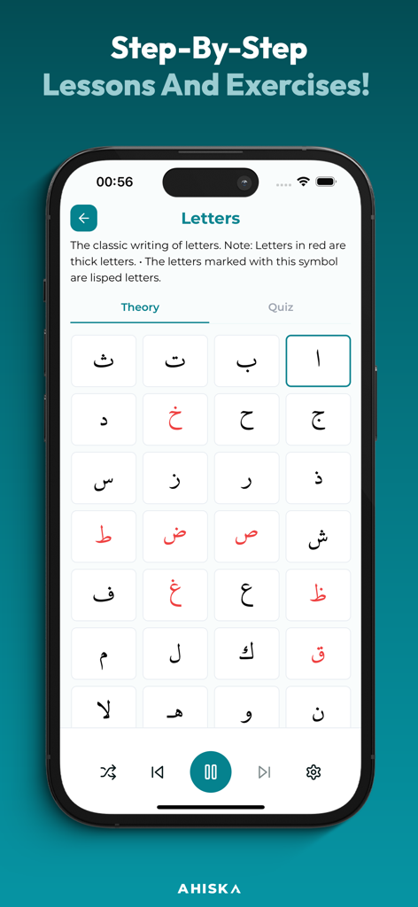 Elif Ba - Learn the Quran - Interfaz de la aplicación Elif Ba que muestra una cuadrícula de letras árabes para lecciones.