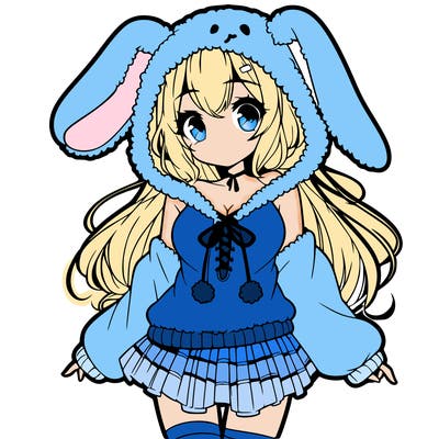 pretty anime girl wearing a fluffy hoodie with bunny ears on the hood and a skirt