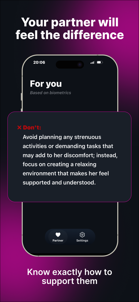 Couple Tracker - Intimigo - 生体データに基づいてパートナーをサポートする方法に関する関係のヒントを示すモバイルアプリ画面