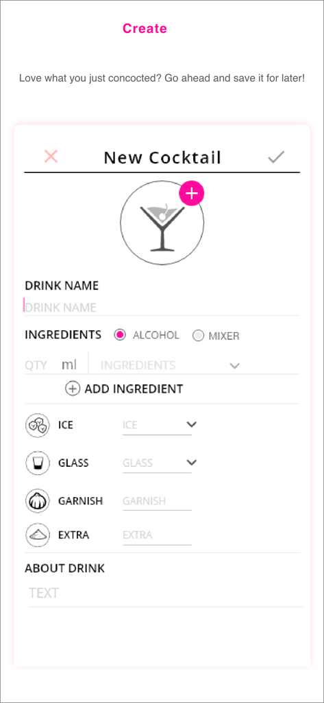 Barsys - Interface for designing a new cocktail recipe in the Barsys app with options for ingredients, glassware, and garnish.