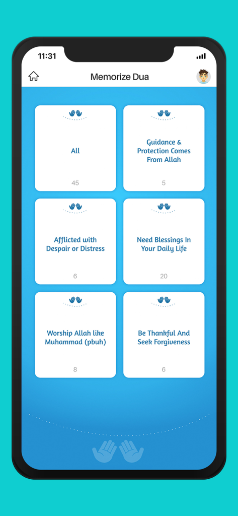 Memorize Easily | Muslim Pal® - Interface of the Muslim Pal app showing various categories for memorizing Duas
