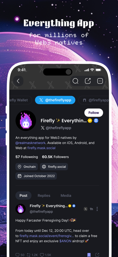 A screenshot of the Firefly app showing a social media profile interface with Web3 integrations and follower stats.