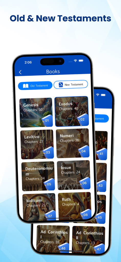 Latin Vulgate Bible app showing Old and New Testaments selection with chapters and illustrations for each book