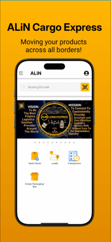Pantalla de inicio de la aplicación móvil Alin Cargo Express que muestra opciones de envío y seguimiento.