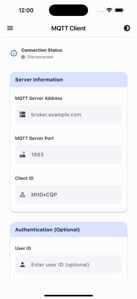 Interface of MQTT Checker app showing server information and connection setup fields.