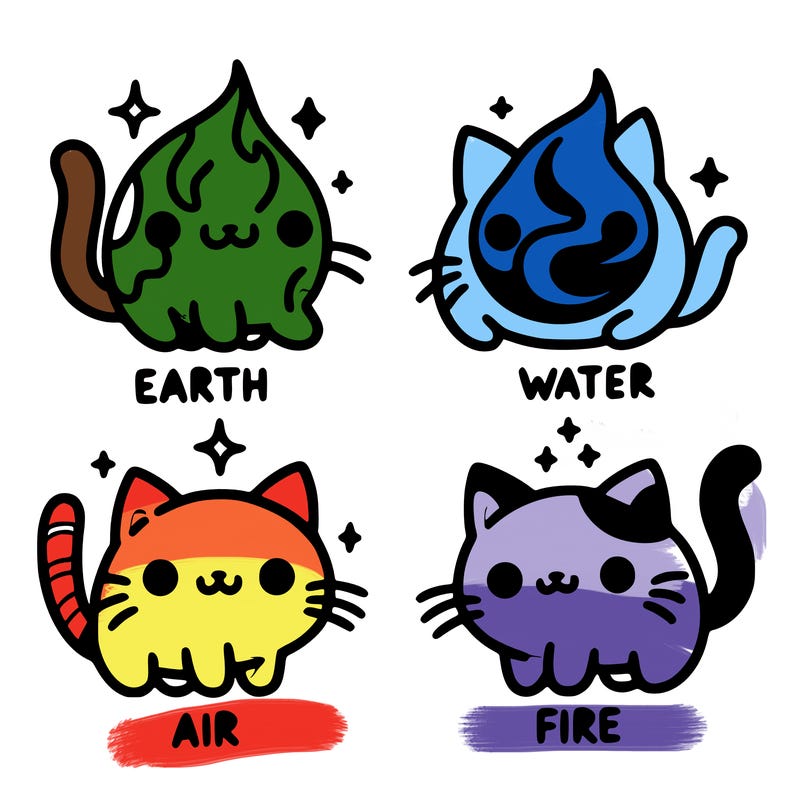 4 cats that represent the different elements, earth, water, air, and fire