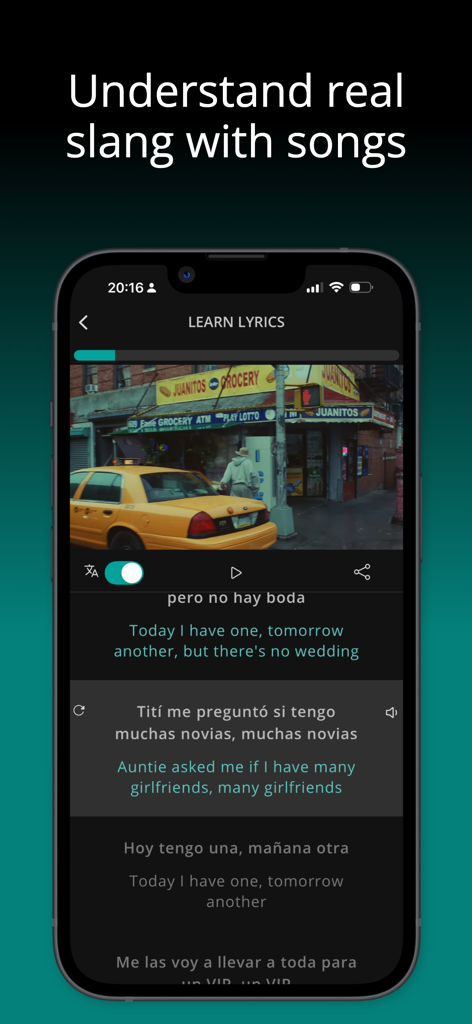 LyricFluent: Learn Languages - LyricFluent app interface showing Spanish song lyrics with English translations and a music video for language learning.