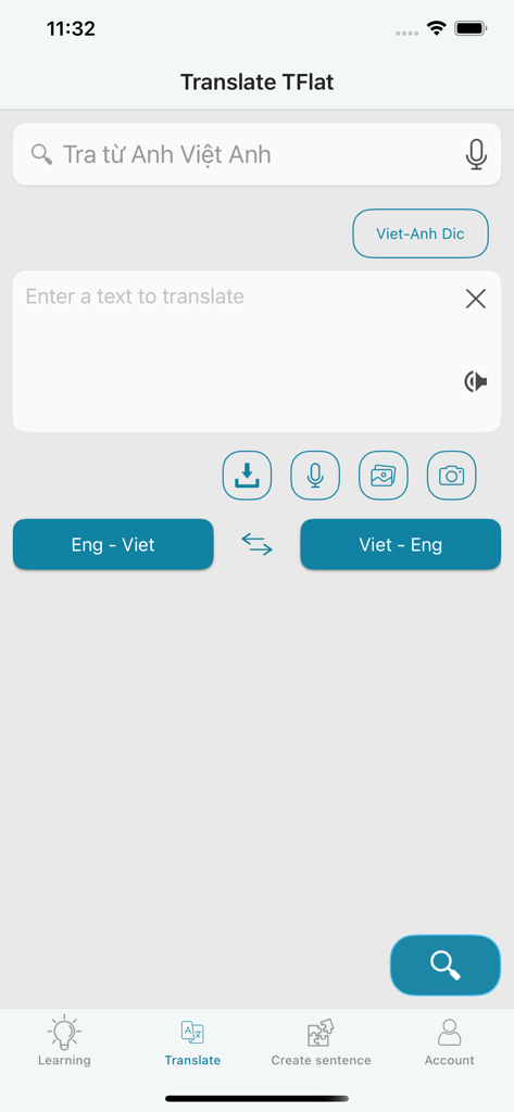 TFlat: Learn Translate English - Interfaz de la aplicación TFlat que muestra herramientas de traducción de inglés a vietnamita, incluidas opciones de traducción de texto, voz y cámara.