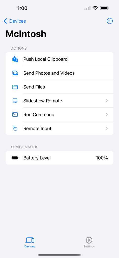 KDE Connect app interface on iPhone showing remote actions like sending files and running commands for a connected device named McIntosh.