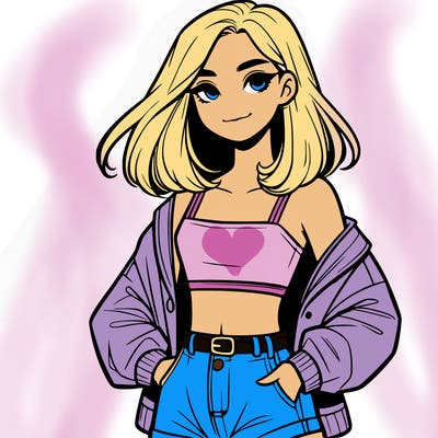a realistic girl with a crop top and short shorts in an open jacket