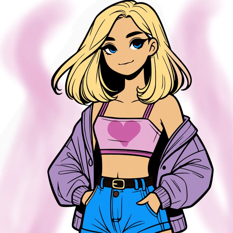 a realistic girl with a crop top and short shorts in an open jacket