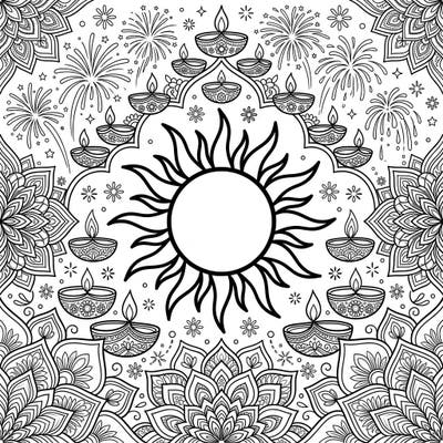 Immerse yourself in the spirit of Diwali with this captivating sun silhouette coloring page. Featuring intricate rangoli patterns, sparkling fireworks, and glowing diyas, it offers a vibrant celebration of light.