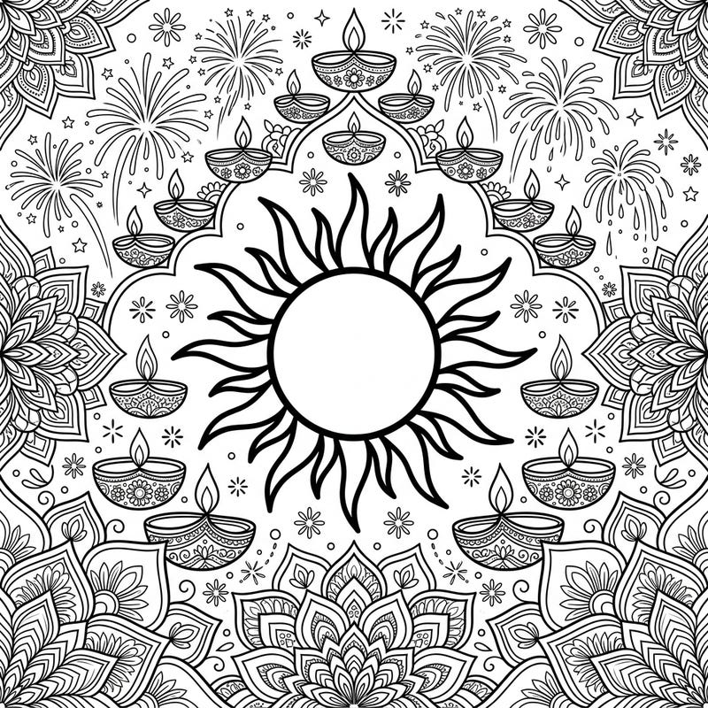 Immerse yourself in the spirit of Diwali with this captivating sun silhouette coloring page. Featuring intricate rangoli patterns, sparkling fireworks, and glowing diyas, it offers a vibrant celebration of light.