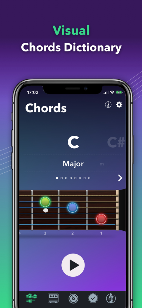 Guitar Tuner Easy tune chords - Pantalla de la aplicación móvil que muestra un diccionario visual de acordes de guitarra para Do Mayor con las posiciones de los dedos