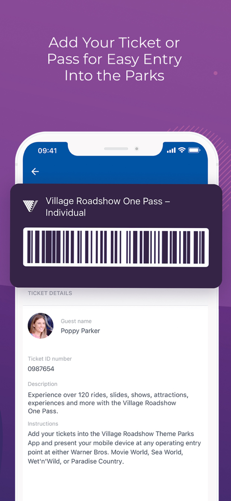 A smartphone screen displaying a Village Roadshow digital ticket with a barcode for easy park entry