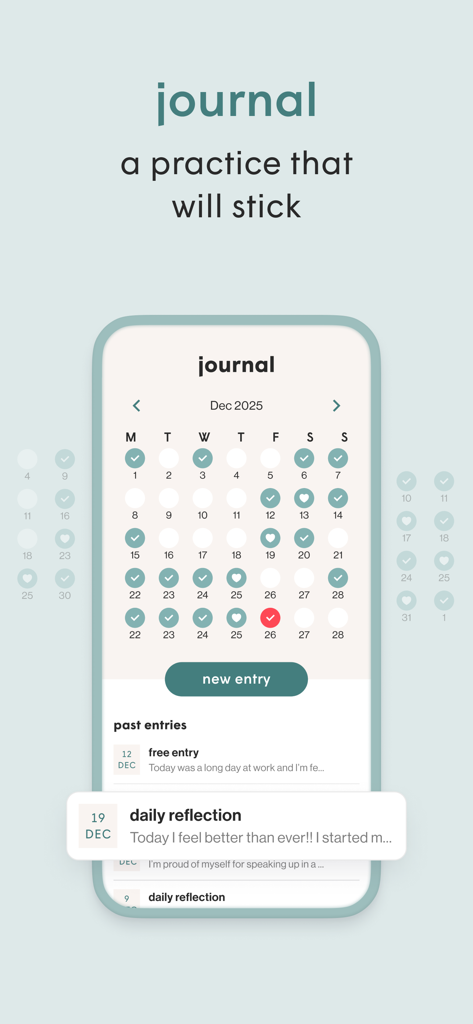 Gabby - Coaching & Meditation - Monthly journal tracking calendar in the Gabby Coaching app showing daily reflection entries and checkmarks.